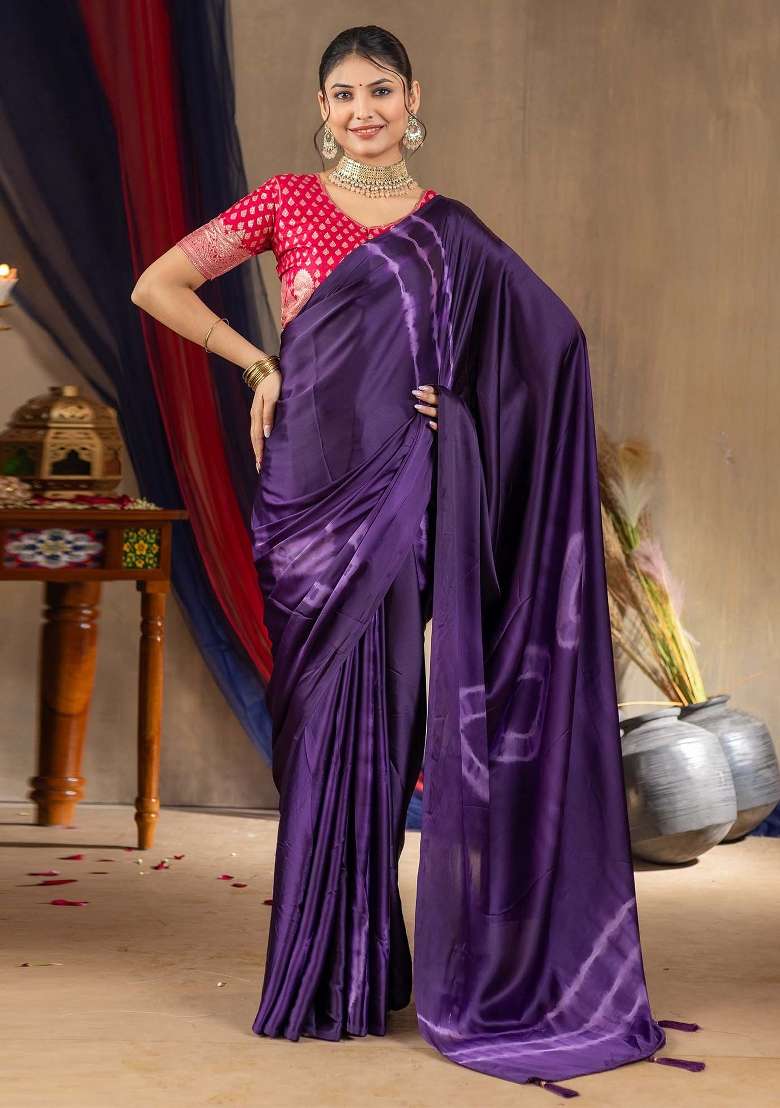 Purple Printed Satin Silk Blend Saree Set - Indya