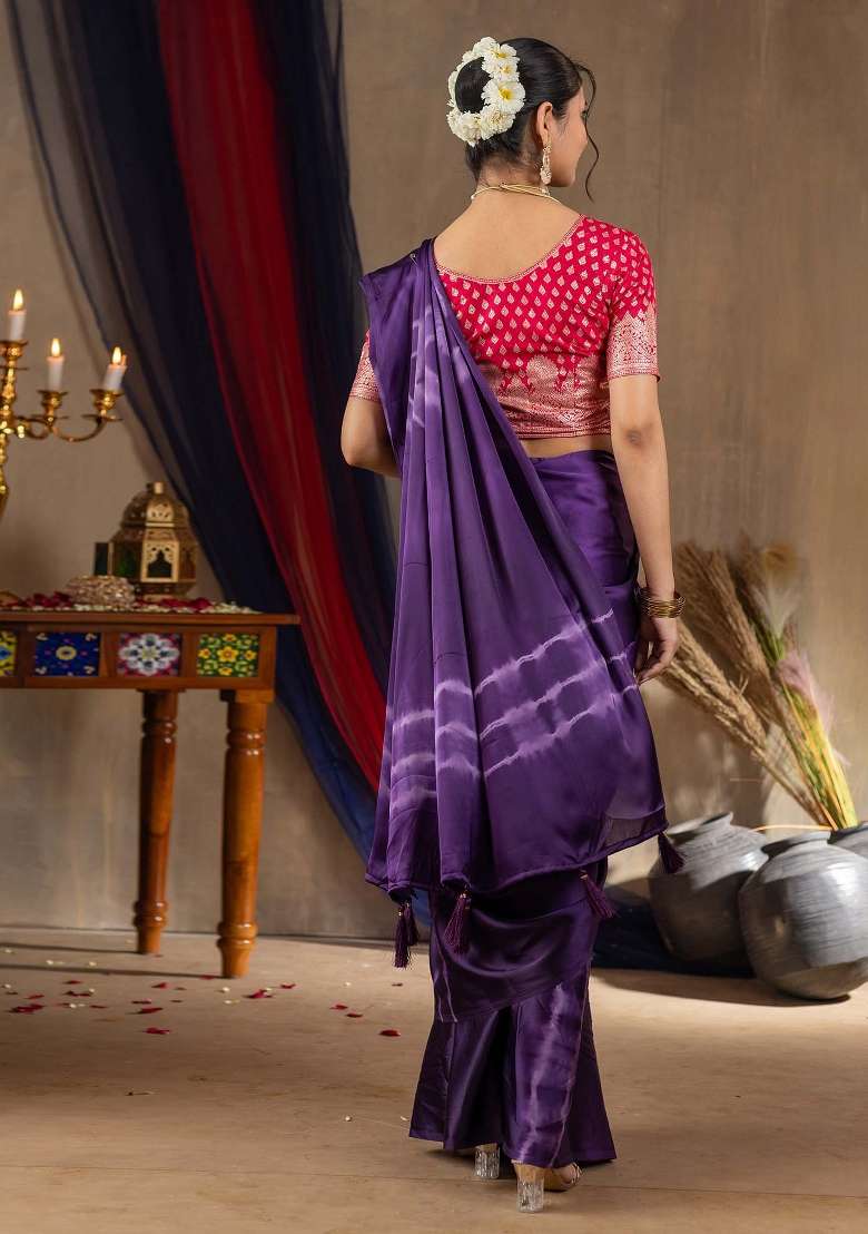 Purple Printed Satin Silk Blend Saree Set - Indya