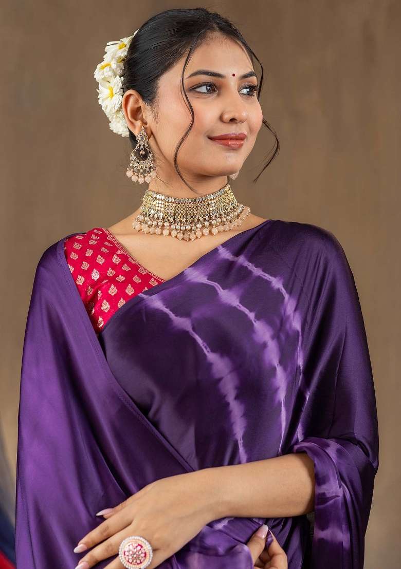 Purple Printed Satin Silk Blend Saree Set - Indya
