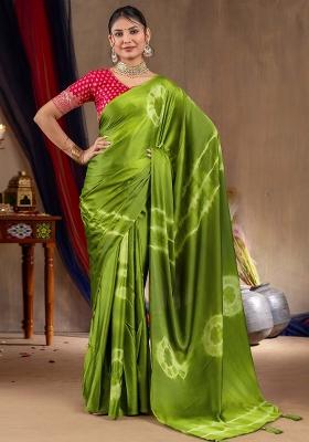Light Green Printed Satin Silk Blend Saree Set