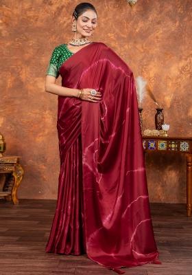 Magenta Printed Satin Silk Saree Set