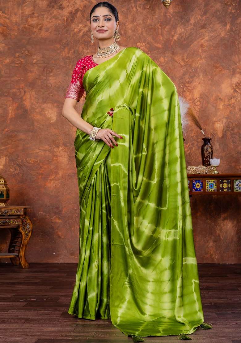 Purple Printed Satin Silk Blend Saree Set - Indya