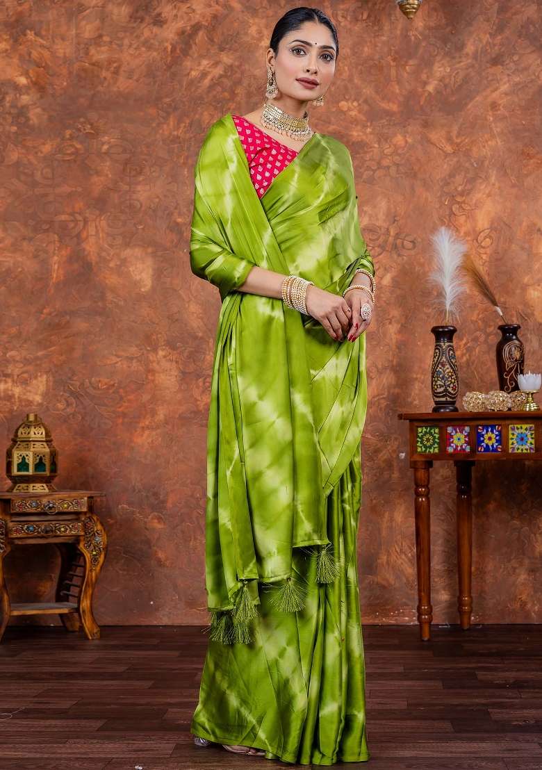 Purple Printed Satin Silk Blend Saree Set - Indya