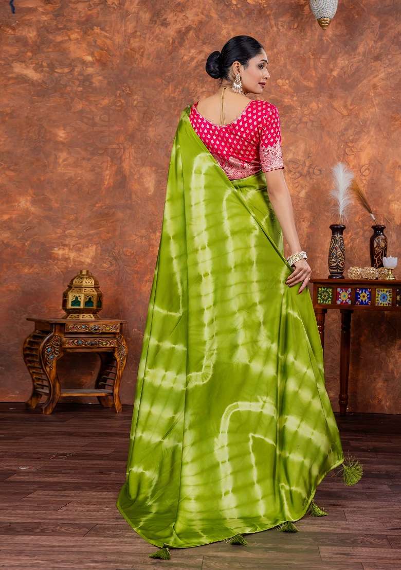 Purple Printed Satin Silk Blend Saree Set - Indya