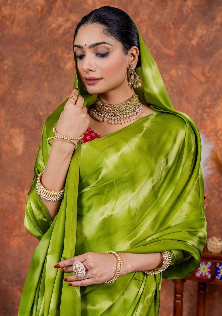 Purple Printed Satin Silk Blend Saree Set - Indya