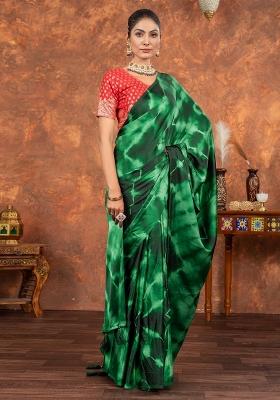 Magenta Printed Satin Silk Saree Set