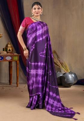 Purple Printed Satin Silk Saree Set