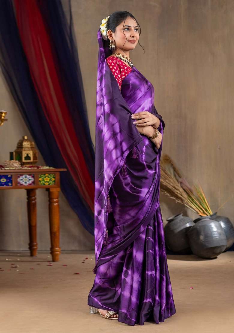 Purple Printed Satin Silk Blend Saree Set - Indya