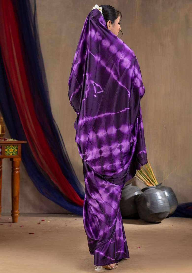 Purple Printed Satin Silk Blend Saree Set - Indya