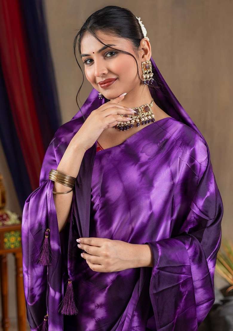 Purple Printed Satin Silk Blend Saree Set - Indya