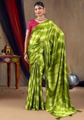 Light Green Printed Satin Silk Blend Saree Set