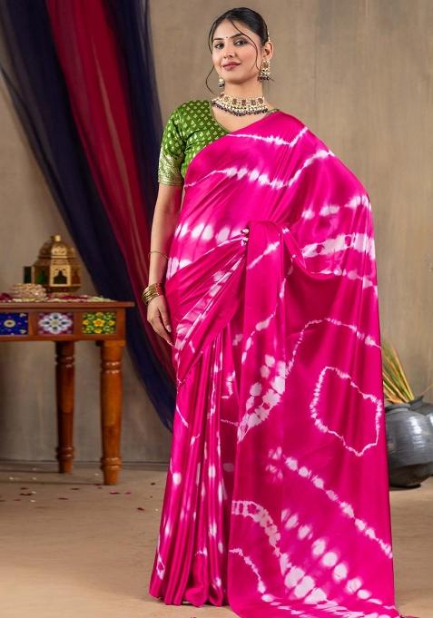 Pink Printed Satin Silk Saree Set
