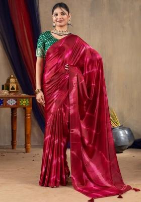 Magenta Printed Satin Silk Saree Set