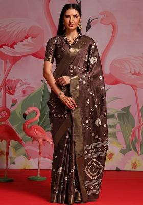 Burgundy Printed Silk Blend Saree Set