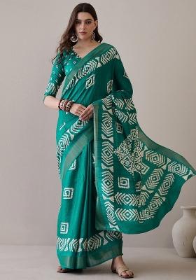 Teal Green Printed Silk Blend Saree Set