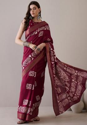 Magenta Printed Silk Blend Saree Set