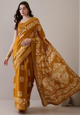 Mustard Printed Silk Blend Saree Set