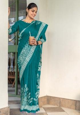 Teal Blue Printed Dola Silk Saree Set
