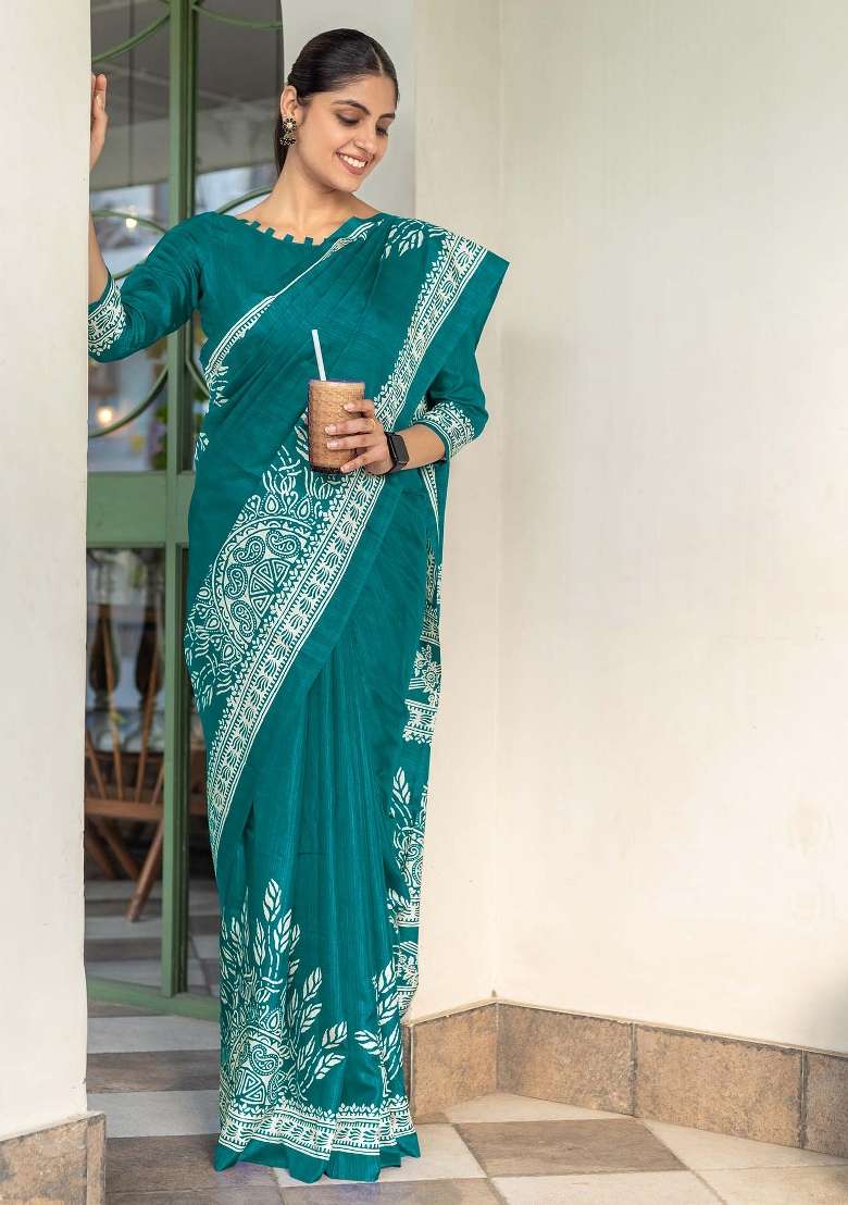 Teal Blue Printed Dola Silk Saree Set - Indya