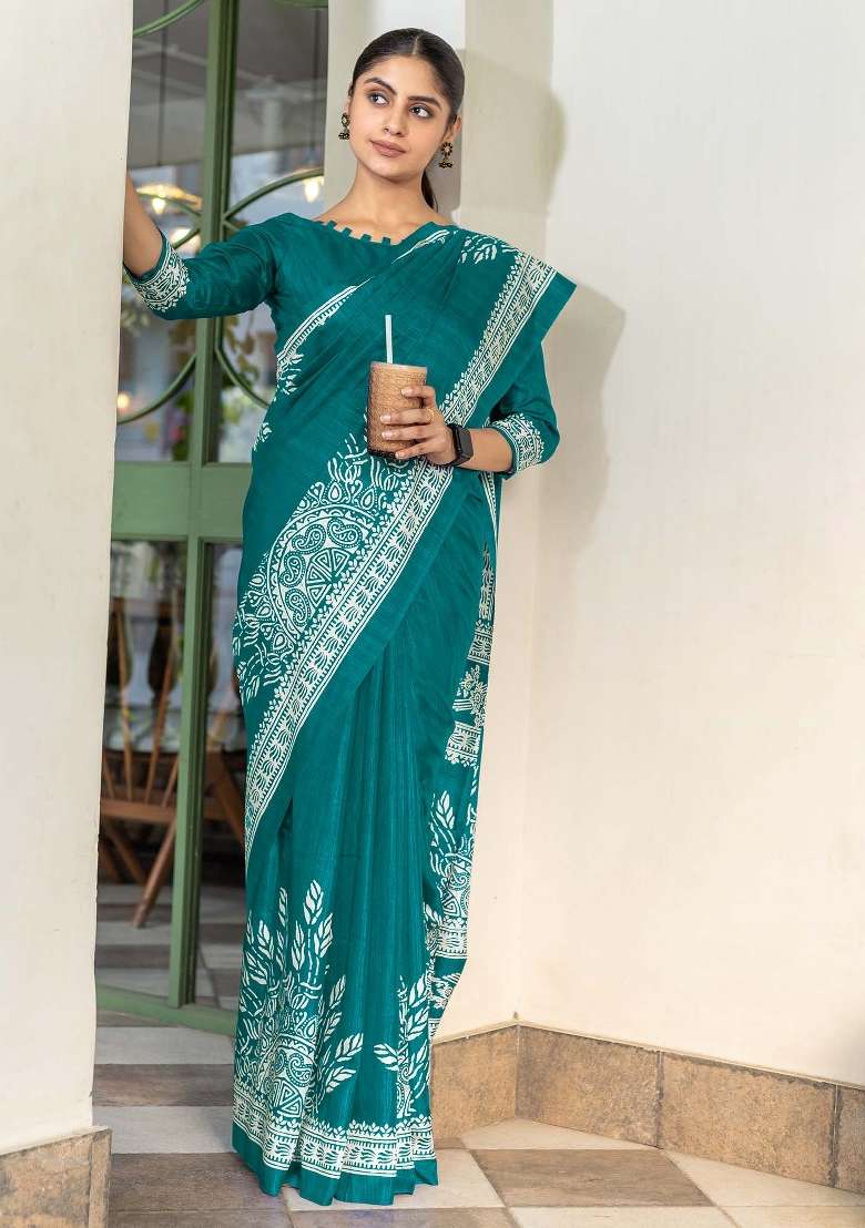 Teal Blue Printed Dola Silk Saree Set - Indya
