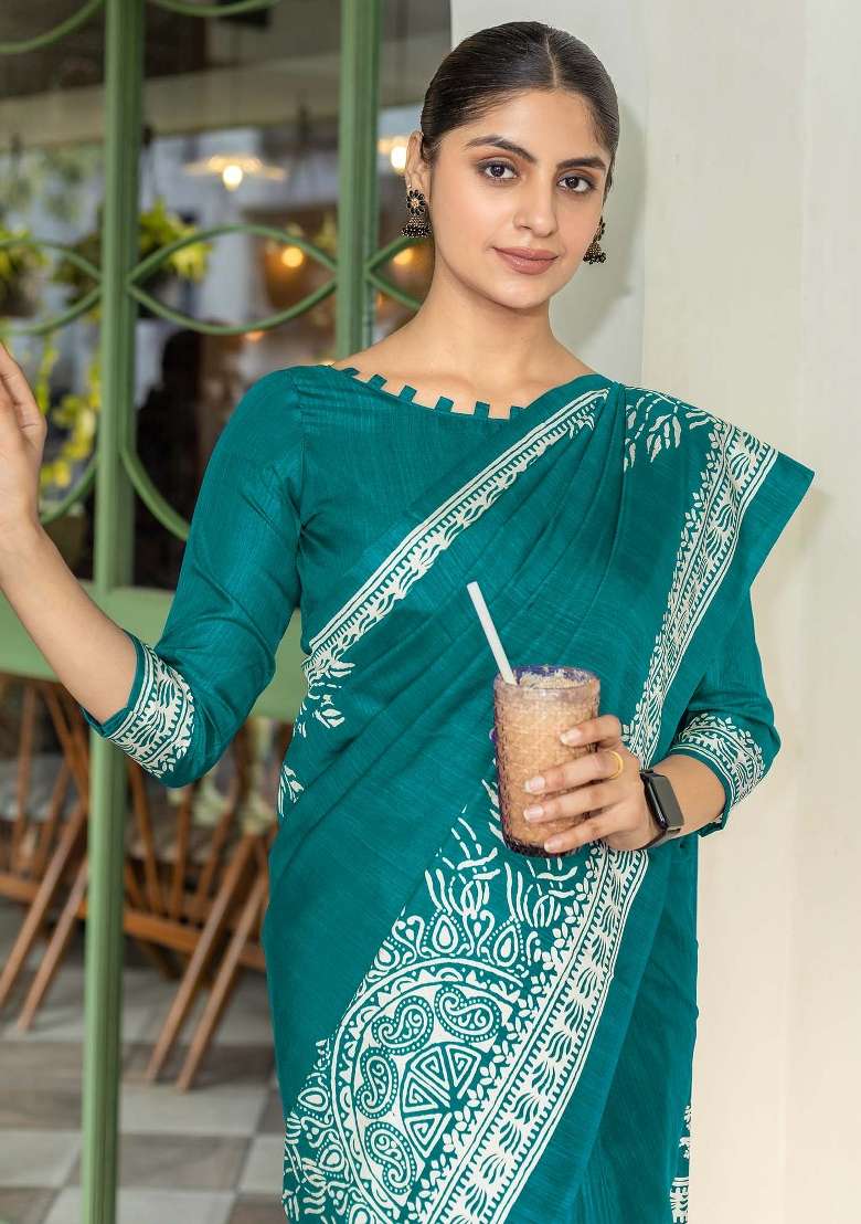 Teal Blue Printed Dola Silk Saree Set - Indya