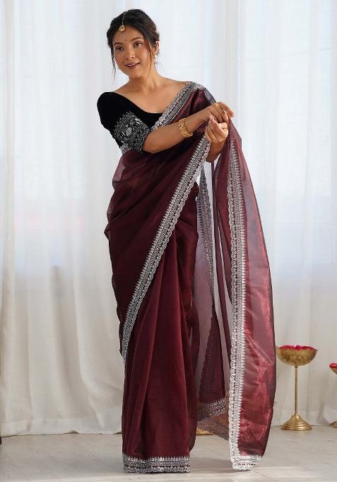Maroon Printed Net Saree Set