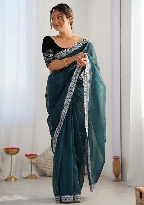 Teal Blue Printed Net Saree Set — view on Indya