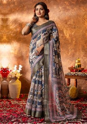 Navy Blue Printed Linen Saree Set
