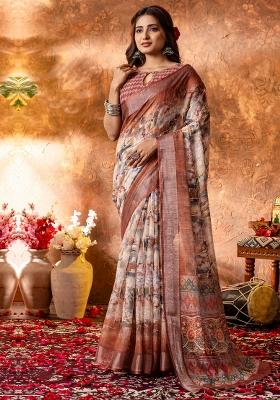 Brown Printed Linen Saree Set