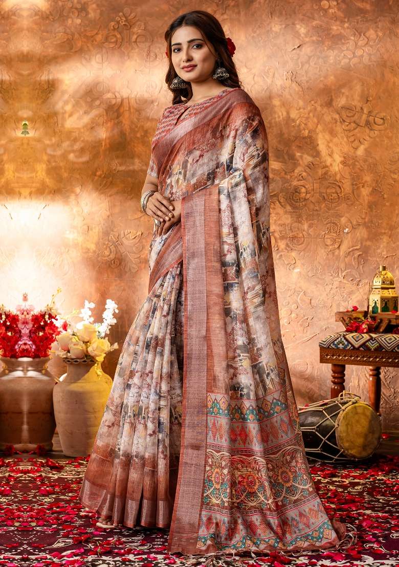 Brown Printed Linen Saree Set - Indya