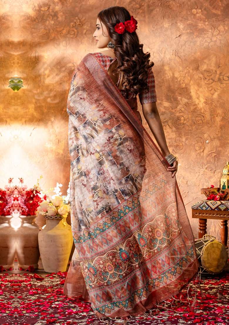 Brown Printed Linen Saree Set - Indya