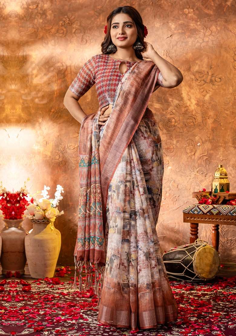 Brown Printed Linen Saree Set - Indya