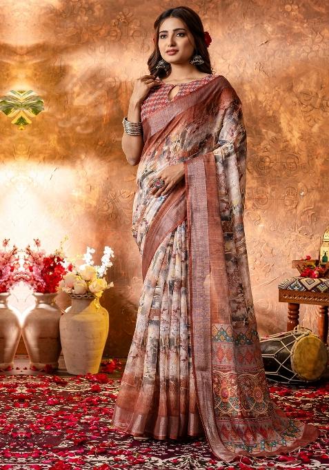 Brown Printed Linen Saree Set — view on Indya