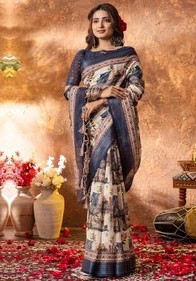 Beige Printed Linen Saree Set