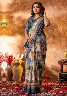 Beige Printed Linen Saree Set