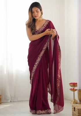Magenta Printed Vichitra Silk Blend Saree Set