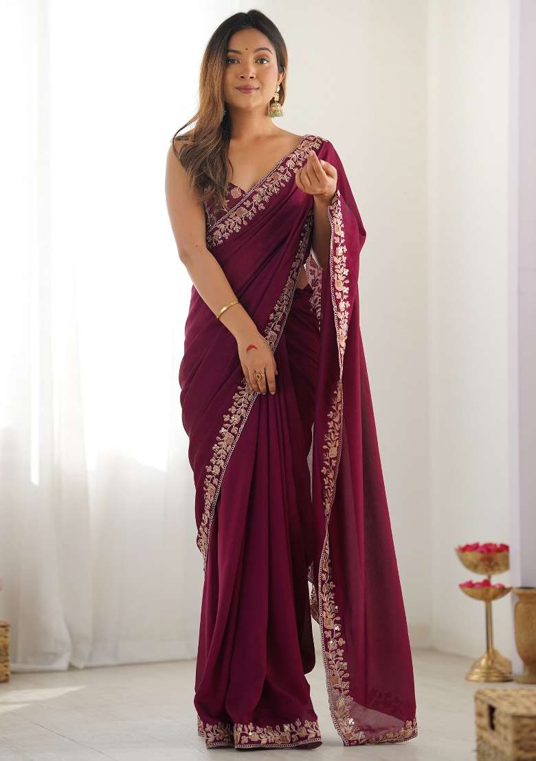 Magenta Printed Vichitra Silk Blend Saree Set for Diwali and Festive Wear - Indya