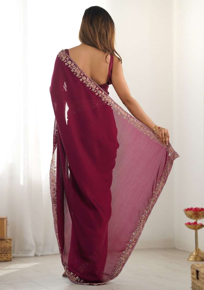 Magenta Printed Vichitra Silk Blend Saree Set for Diwali and Festive Wear - Indya