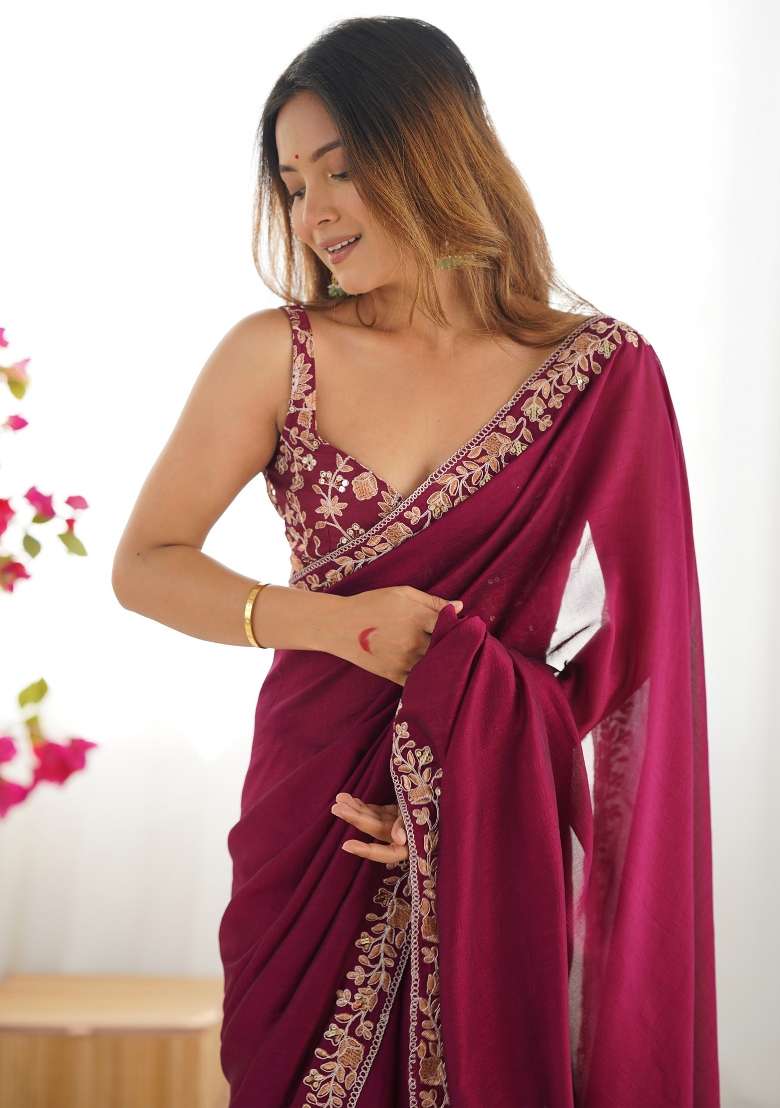 Magenta Printed Vichitra Silk Blend Saree Set for Diwali and Festive Wear - Indya