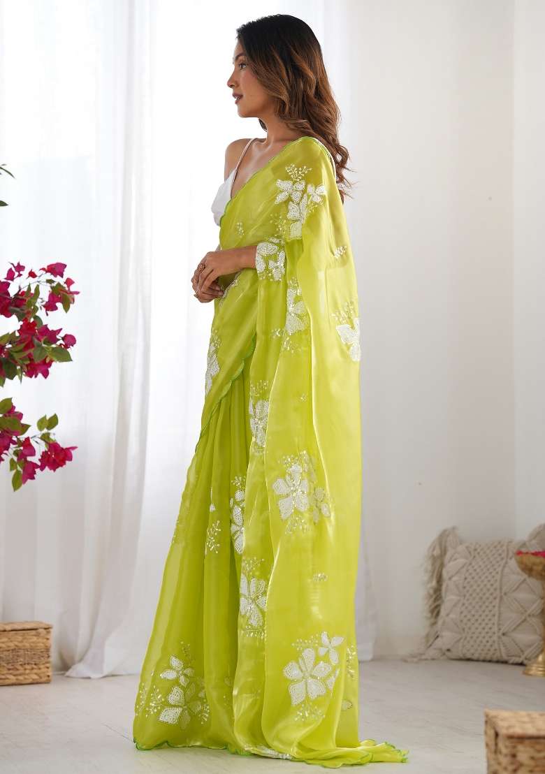 Lime Green Printed Organza Saree Set for Diwali and Festive Wear - Indya