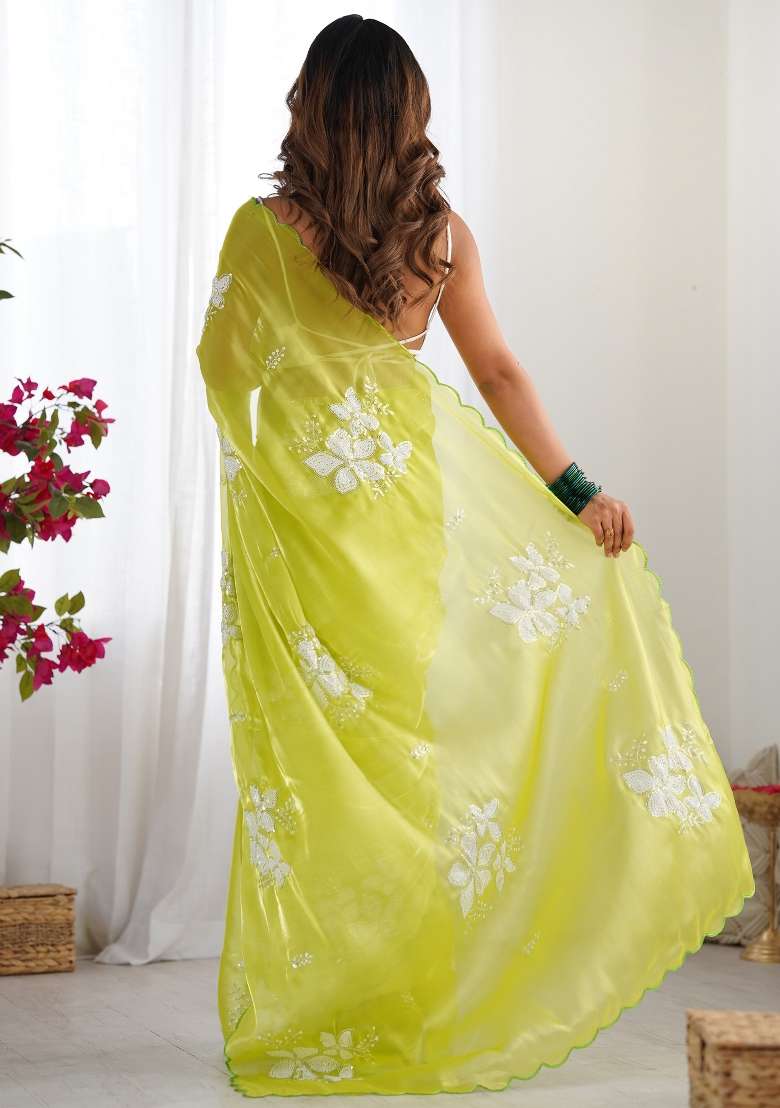 Lime Green Printed Organza Saree Set for Diwali and Festive Wear - Indya
