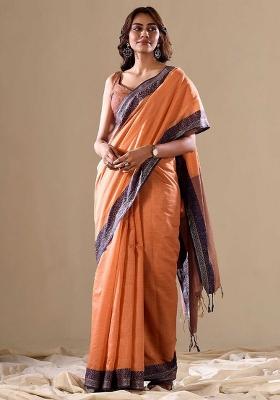 Orange Printed Cotton Blend Saree Set