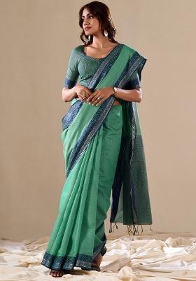 Teal Green Printed Cotton Blend Saree Set