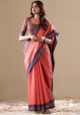 Rust Printed Cotton Blend Saree Set