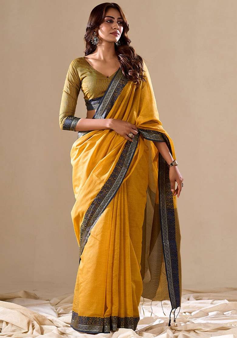Yellow Printed Cotton Blend Saree Set - Indya