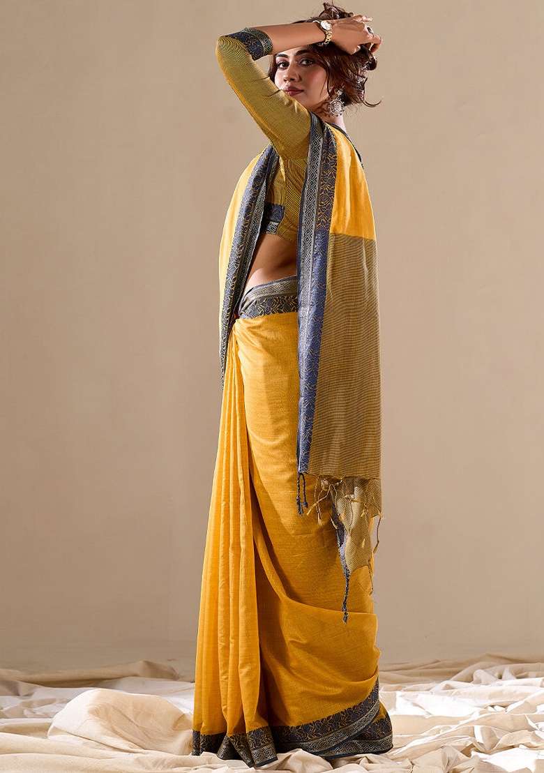 Yellow Printed Cotton Blend Saree Set - Indya