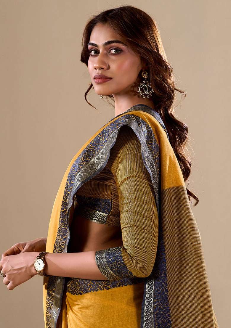 Yellow Printed Cotton Blend Saree Set - Indya