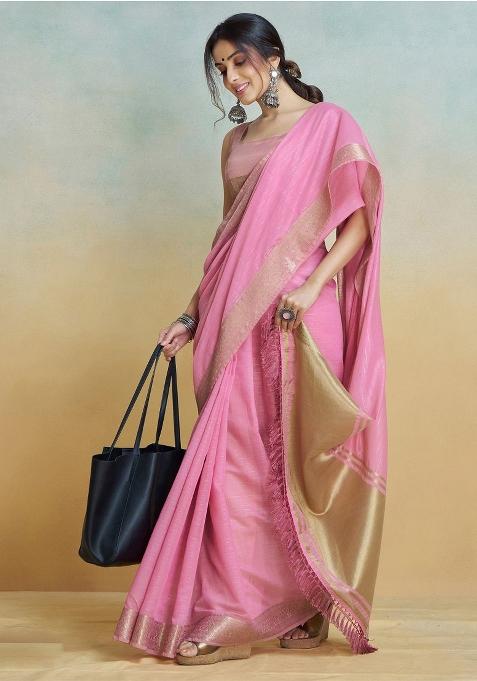 Pink Printed Cotton Blend Saree Set — view on Indya