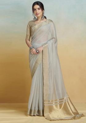 Off White Printed Cotton Blend Saree Set