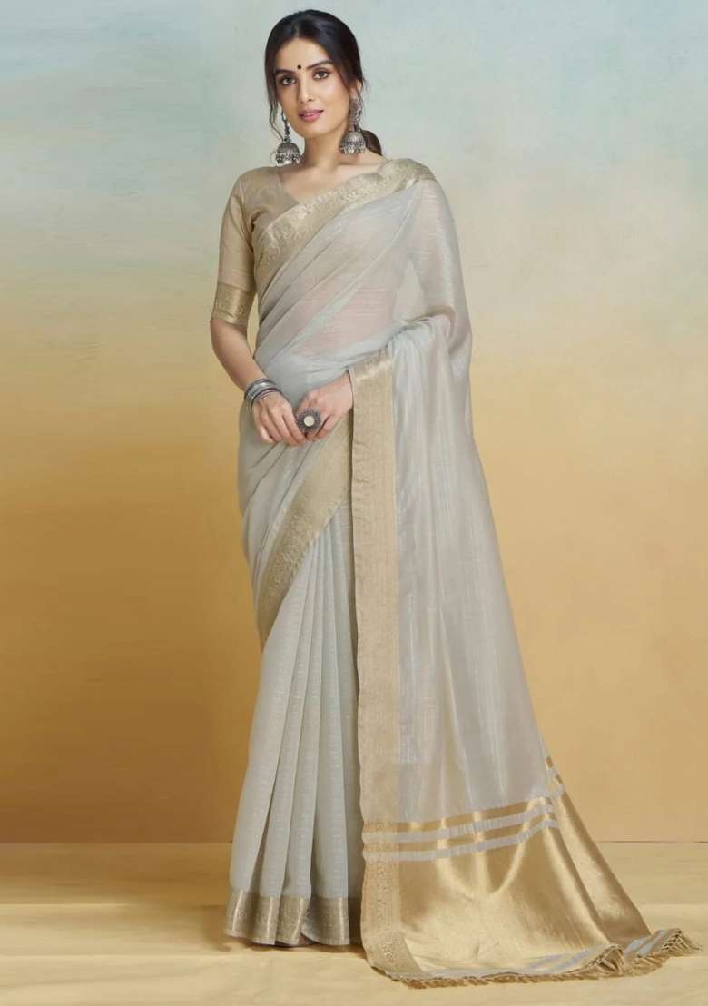 Off White Printed Cotton Blend Saree Set - Indya